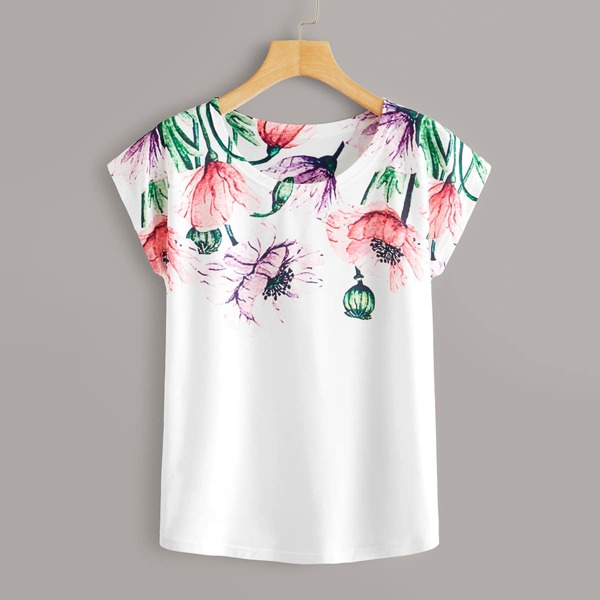 

Floral Print Round Neck Tee, White