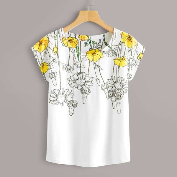 

Floral Print Round Neck Tee, White