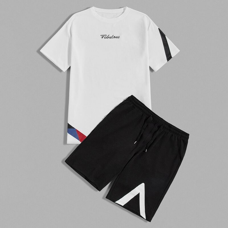 

Guys Letter Graphic Tee & Drawstring Track Shorts, Black and white