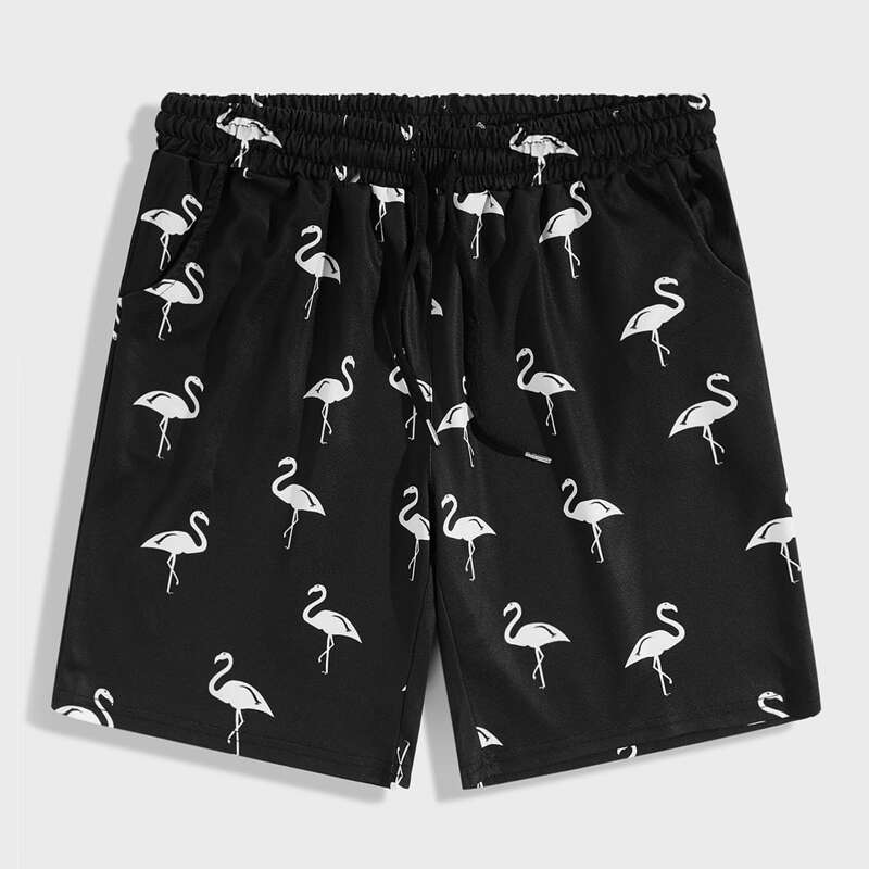 

Guys All Over Flamingo Print Drawstring Waist Shorts, Black
