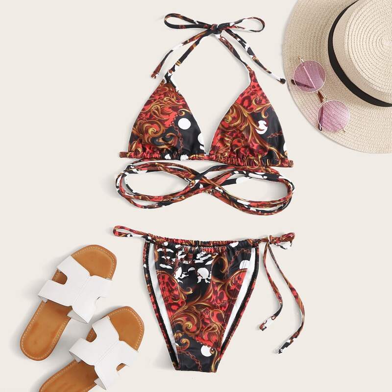 

Baroque Halter Triangle Tie Side Bikini Swimsuit, Multicolor