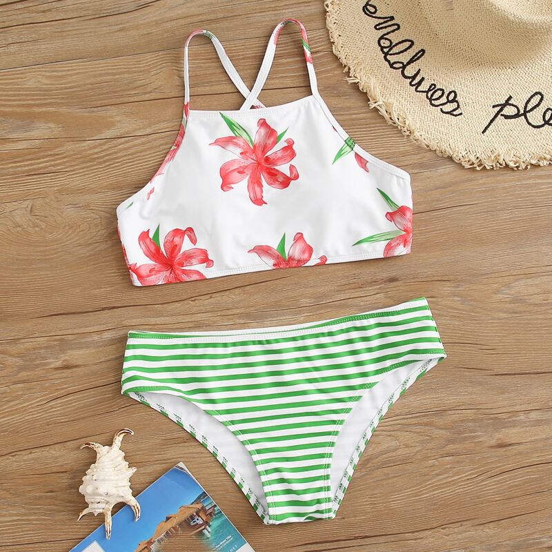 

Floral & Striped Criss Cross Bikini Swimsuit, Multicolor
