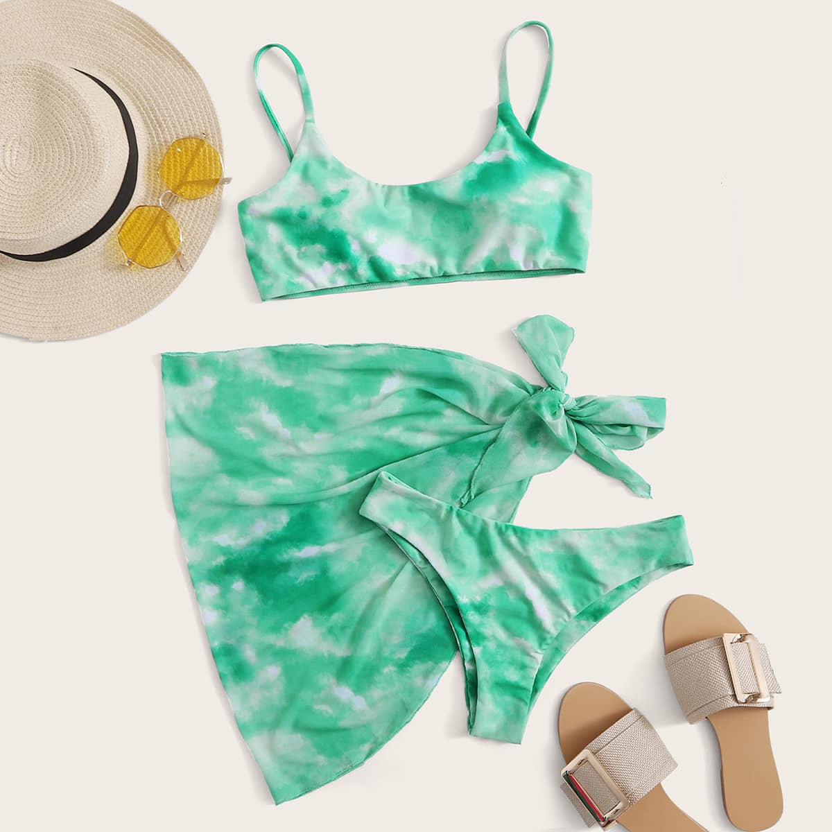 

Tie Dye Bikini Swimsuit With Tie Side Beach Skirt, Green