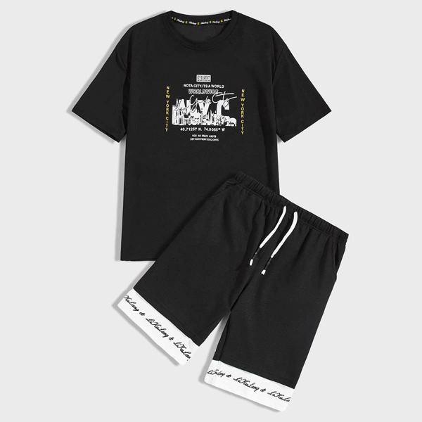 

Men Letter And Graphic Print Tee & Contrast Panel Shorts, Black
