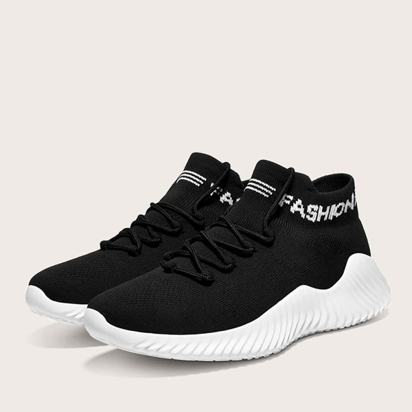 

Men Knit Lace-up Front Letter Graphic Sneakers, Black
