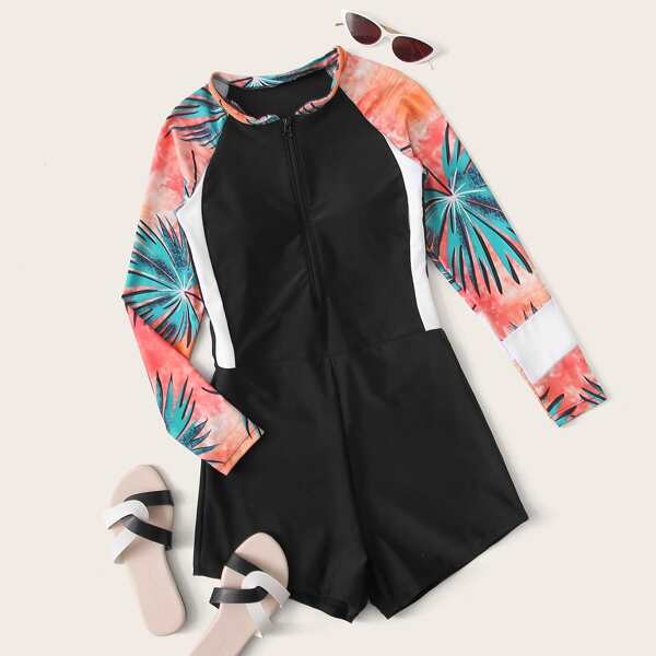 

Contrast Palm Print Long Sleeve One Piece Swimsuit, Multicolor
