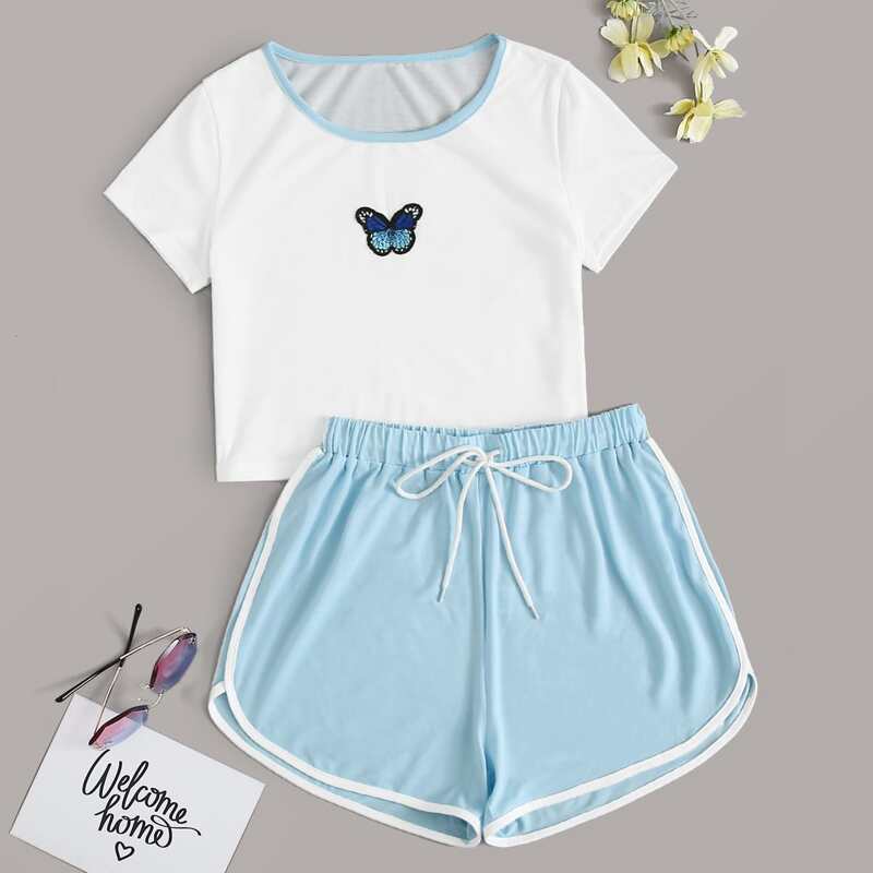 

Butterfly Embroidery Tee & Dolphin Shorts, Multicolor