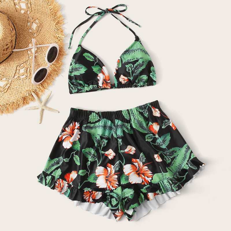 

Floral Ruffle Triangle Shorts Bikini Swimsuit, Multicolor