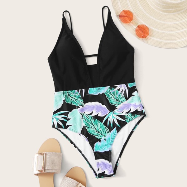 

Leaf Print Plunging One Piece Swimsuit, Multicolor