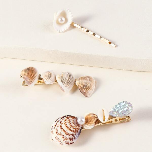 

3pcs Shell & Faux Pearl Decor Hair Clip, Beige