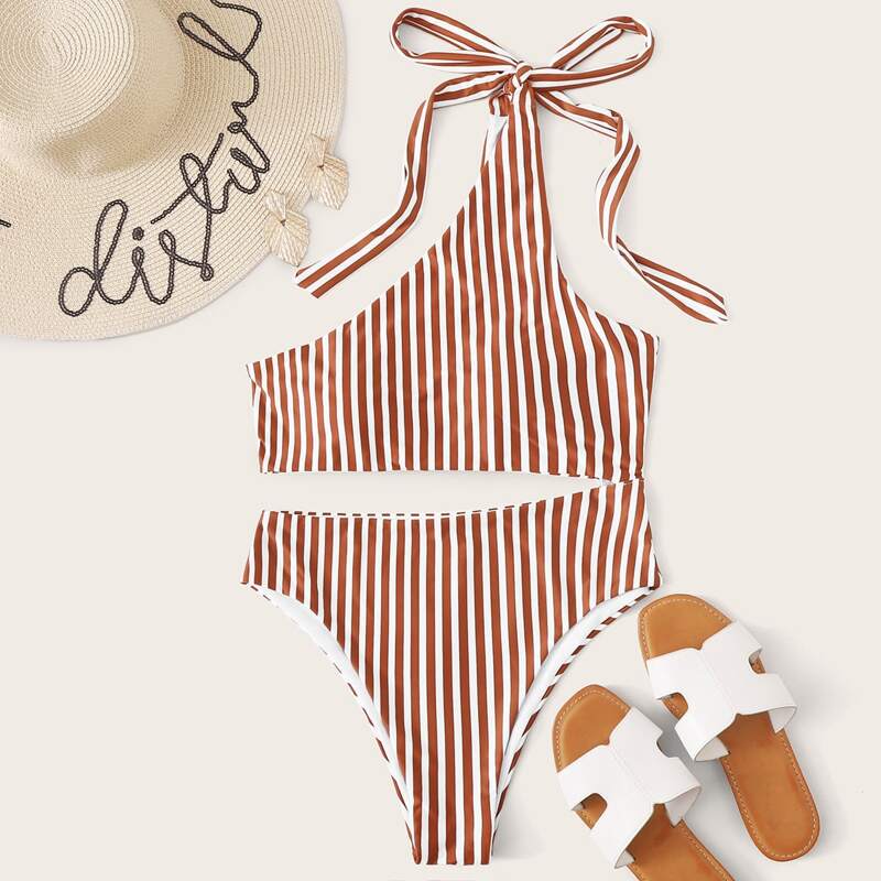 

Striped Cut-out One Shoulder One Piece Swimsuit, Red
