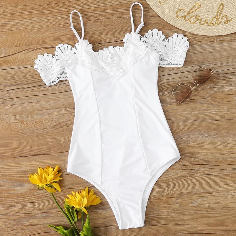 

Lace Appliques One Piece Swimsuit, White