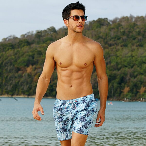 

Men Palm Tree Print Drawstring Waist Swim Trunks, Blue