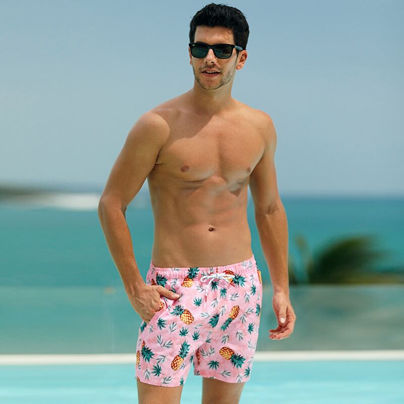 

Guys Pineapple Print Drawstring Swim Trunks, Pink