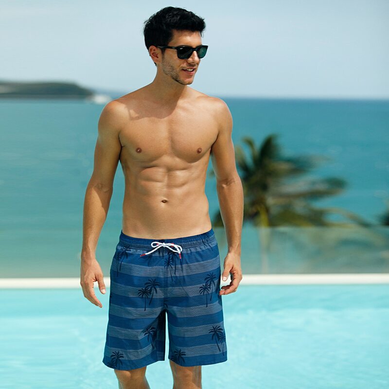 

Guys Tropical & Striped Drawstring Swim Trunks, Blue