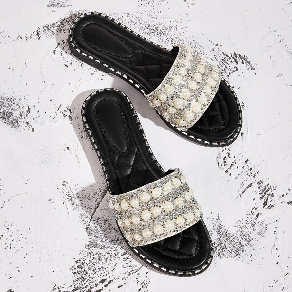 

Rhinestone & Faux Pearl Detail Sliders, White