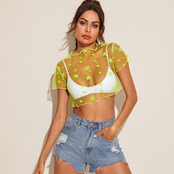 

Neon Lime Star Mesh Crop Top Without Bra, Green bright