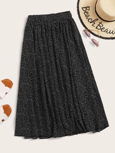 Plus Allover Print Elastic Waist Midi Skirt
