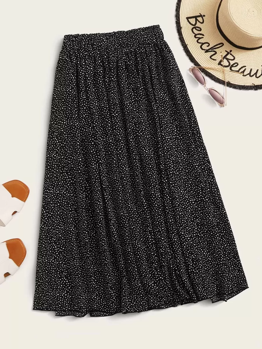 GlowEve CURVE Plus Allover Print Elastic Waist Midi Skirt - Black - View 1