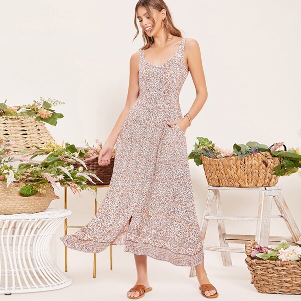 

Pleated Waist Sleeveless Ditsy Floral Dress, Multicolor