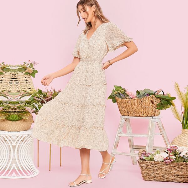 

Short Sleeve Ruffle Chiffon Ditsy Floral Midi Dress, Beige
