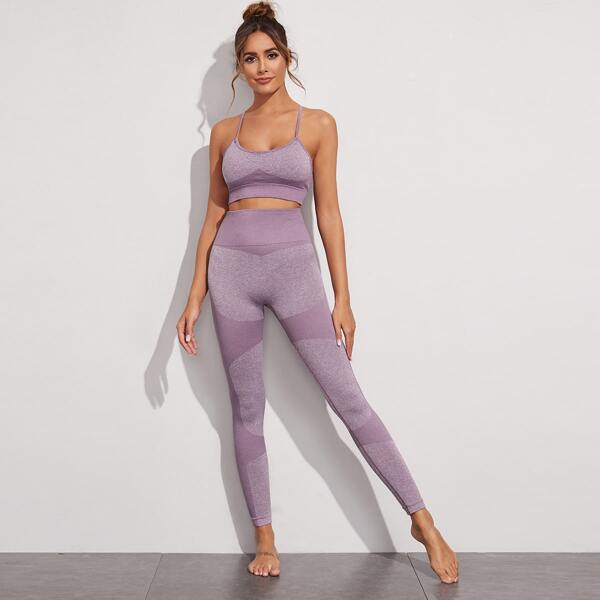 

Contrast Panel Criss Cross Back Padded Sports Bra, Purple
