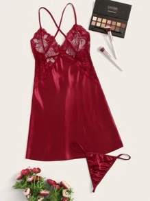Contrast Lace Satin Babydoll Dress With Thong - Burgundy - View 1