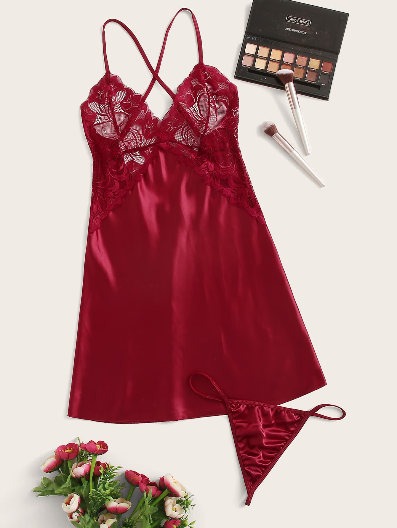 Contrast Lace Satin Babydoll Dress With Thong - Burgundy - View 1