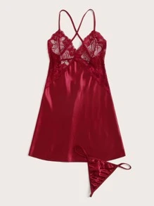 Contrast Lace Satin Babydoll Dress With Thong - Burgundy - View 3