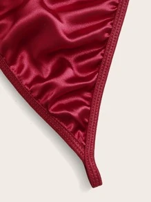Contrast Lace Satin Babydoll Dress With Thong - Burgundy - View 4