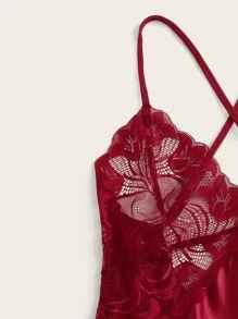 Contrast Lace Satin Babydoll Dress With Thong - Burgundy - View 5