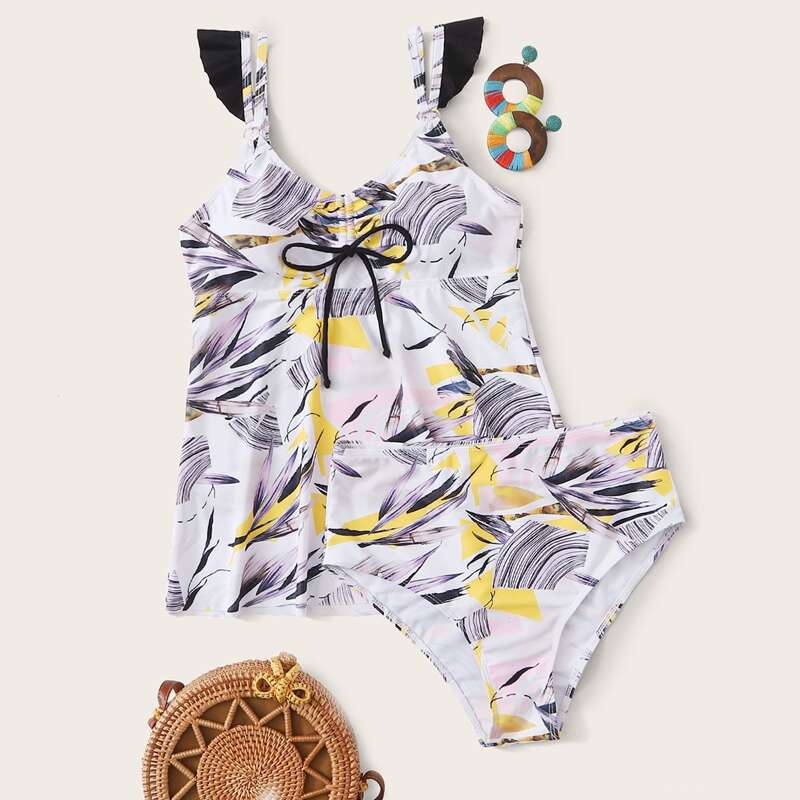 

Tropical Drawstring High Waisted Bikini Swimsuit, Multicolor