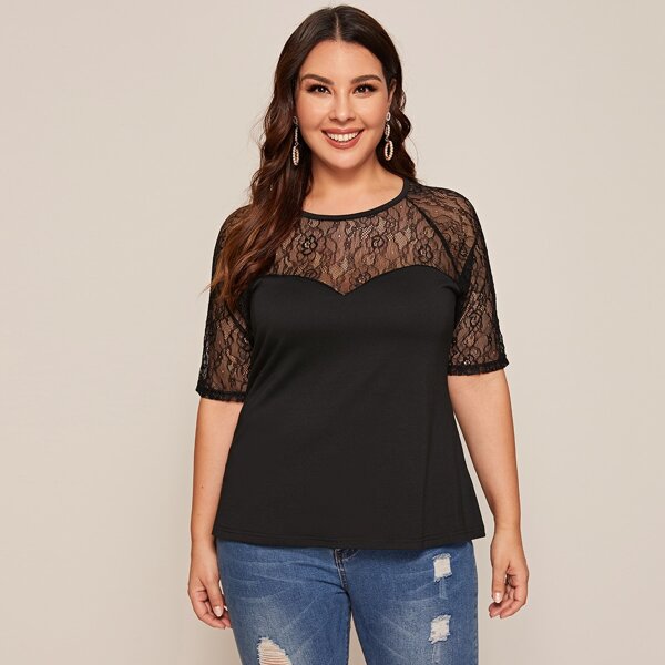 

Plus Sheer Floral Lace Tee, Black