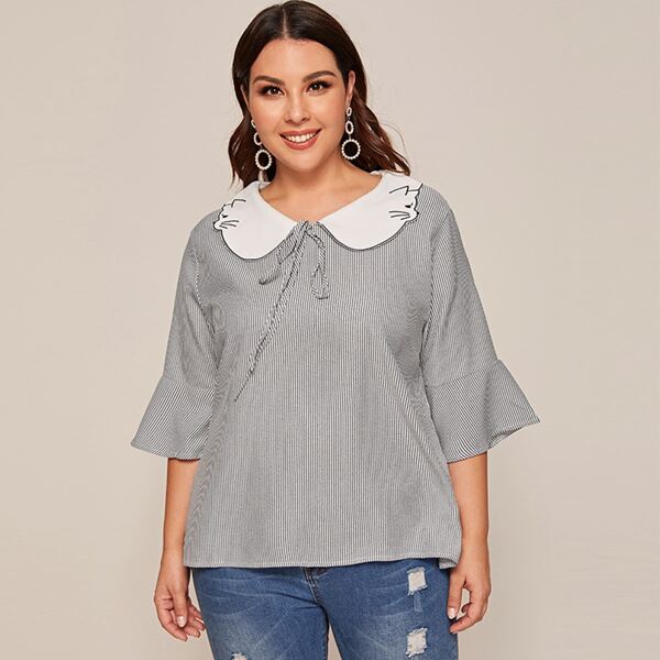

Plus Peter Pan Tie Front Striped Blouse, Grey