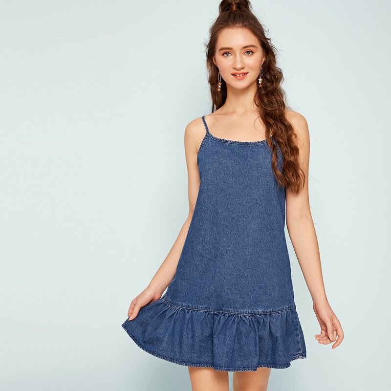 

Ruffle Hem Denim Cami Dress, Navy