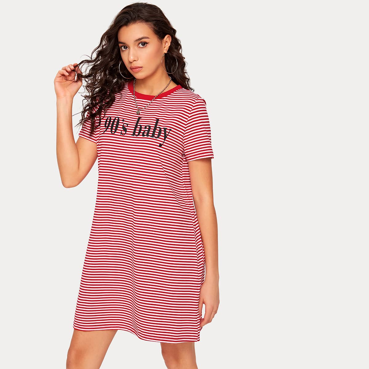 

Striped 90s Baby Graphic T-Shirt Dress, Red