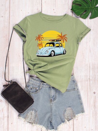 Car & Tropical Print Tee