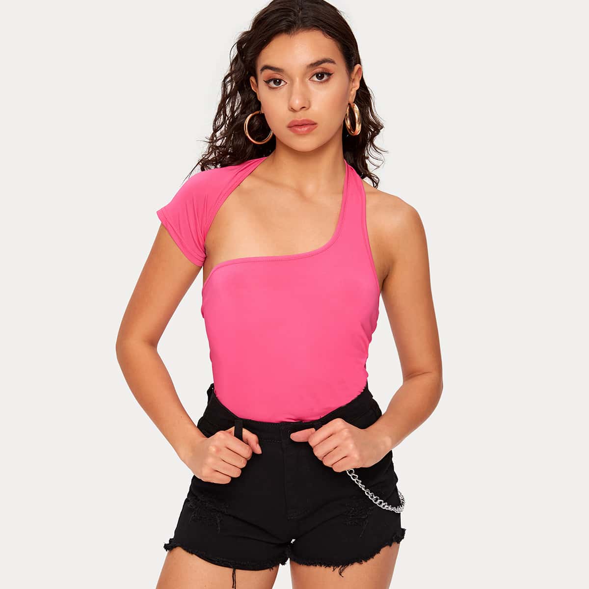 

Asymmetrical Neck Solid Tee, Pink