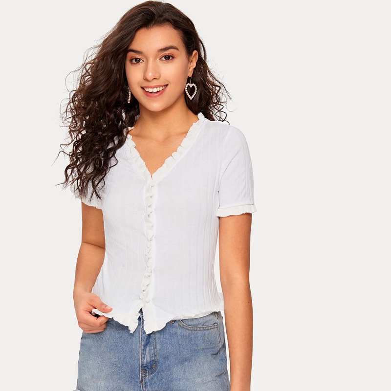 

Frill Trim Buttoned Front Rib-knit Top, White