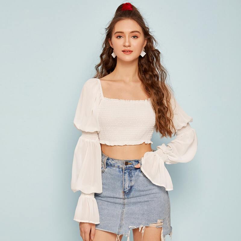

Off Shoulder Shirred Detail Gather Sleeve Crop Top, White