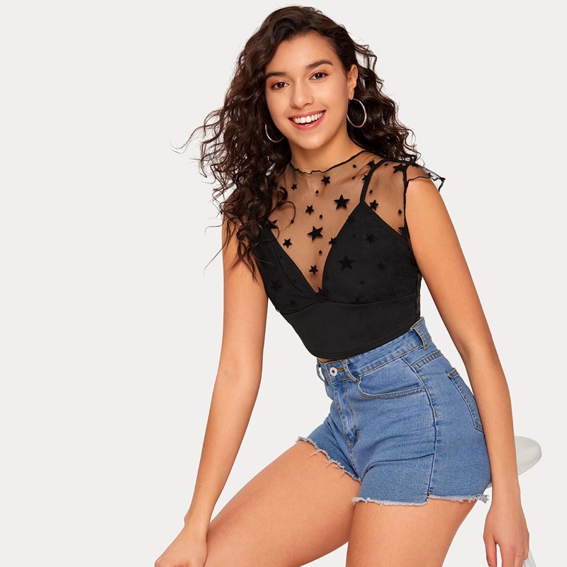 

Bralette Insert Star Flocked Mesh Top, Black