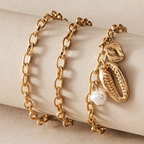 

3pcs Pearl & Shell Charm Chain Bracelet, Gold