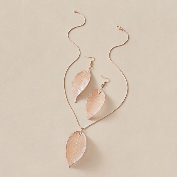 

1pair Leaf Decor Drop Earrings & 1pc Necklace, Pink