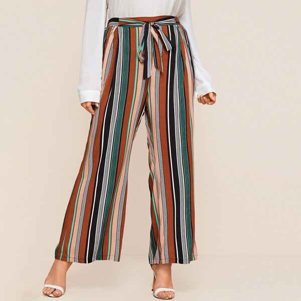 

Plus Self Belted Wide Leg Striped Pants, Multicolor