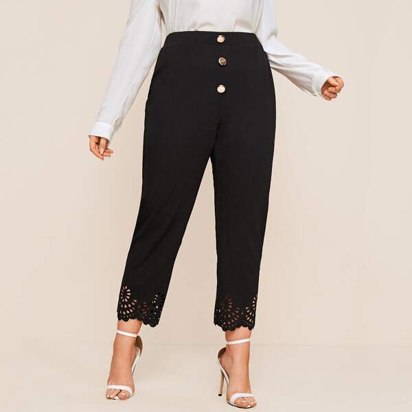 

Plus Buttoned Front Laser Cut Hem Pants, Black
