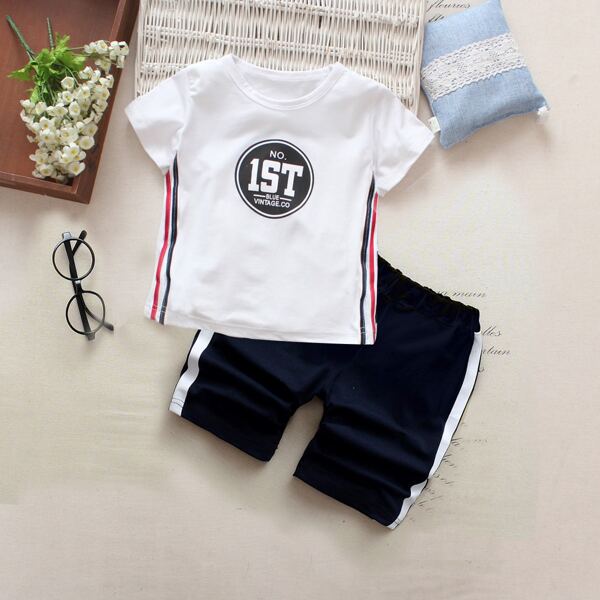 

Toddler Boys Letter And Geo Print Tee & Contrast Panel Shorts, Multicolor