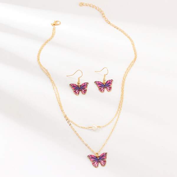 

1pc Faux Pearl Decor Butterfly Charm Necklace & 1pair Drop Earrings