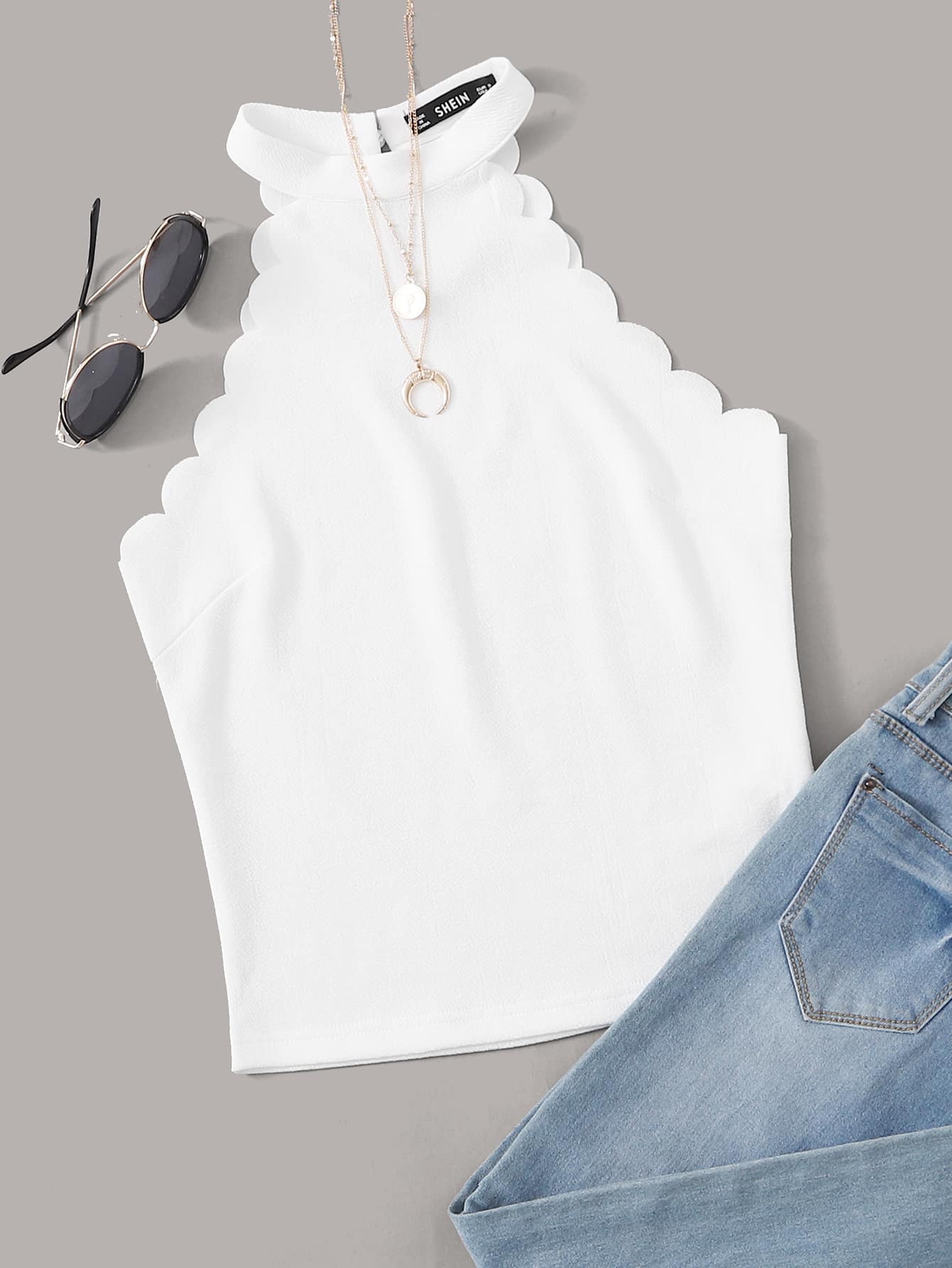 SHEIN Scallop Trim Halter Top - White - View 1