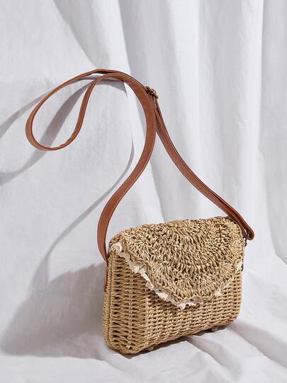 Contrast Trim Crochet Crossbody Bag