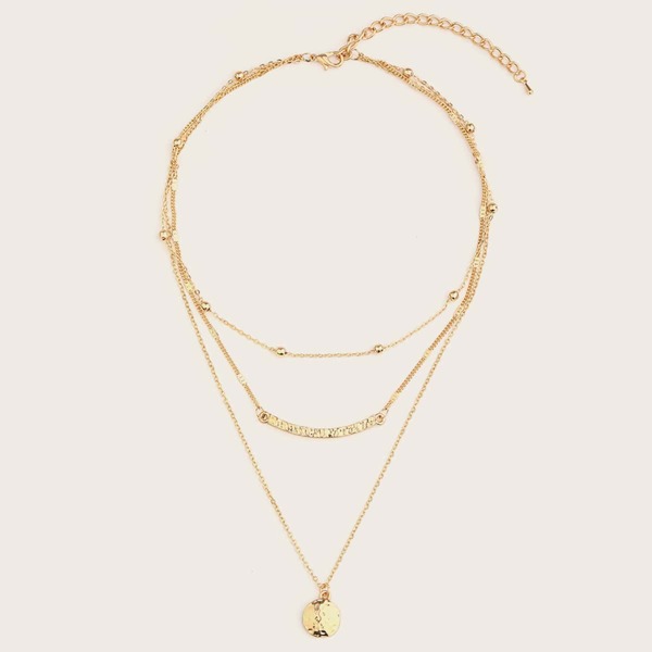 

1pc Textured Coin Charm Layered Necklace, Gold